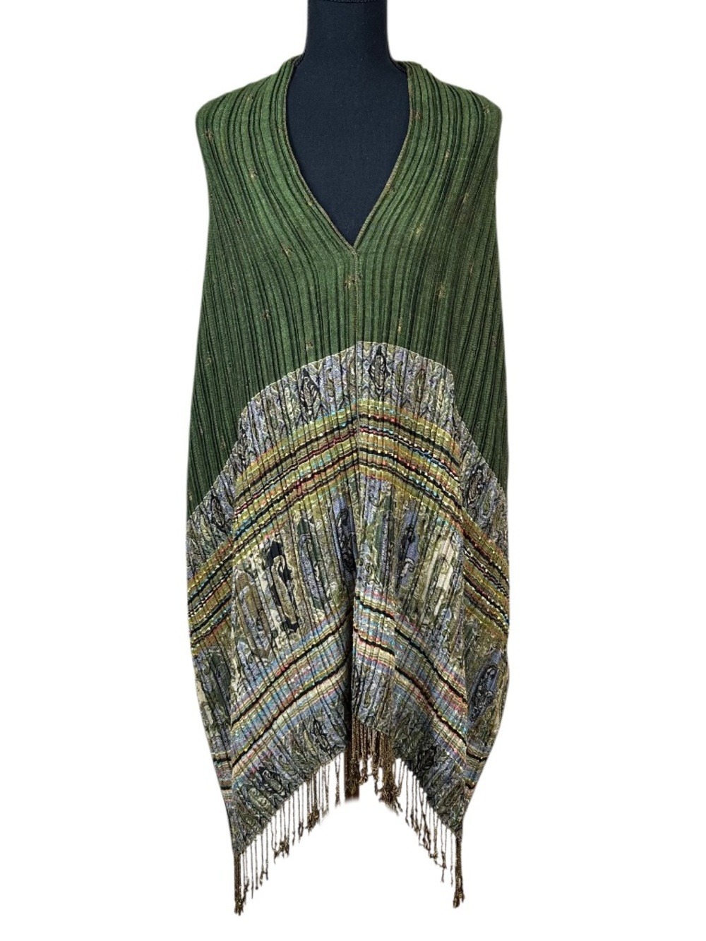 Poncho Ruana Shawl Green Gold Fringe Ribbed Knit Stretch OS